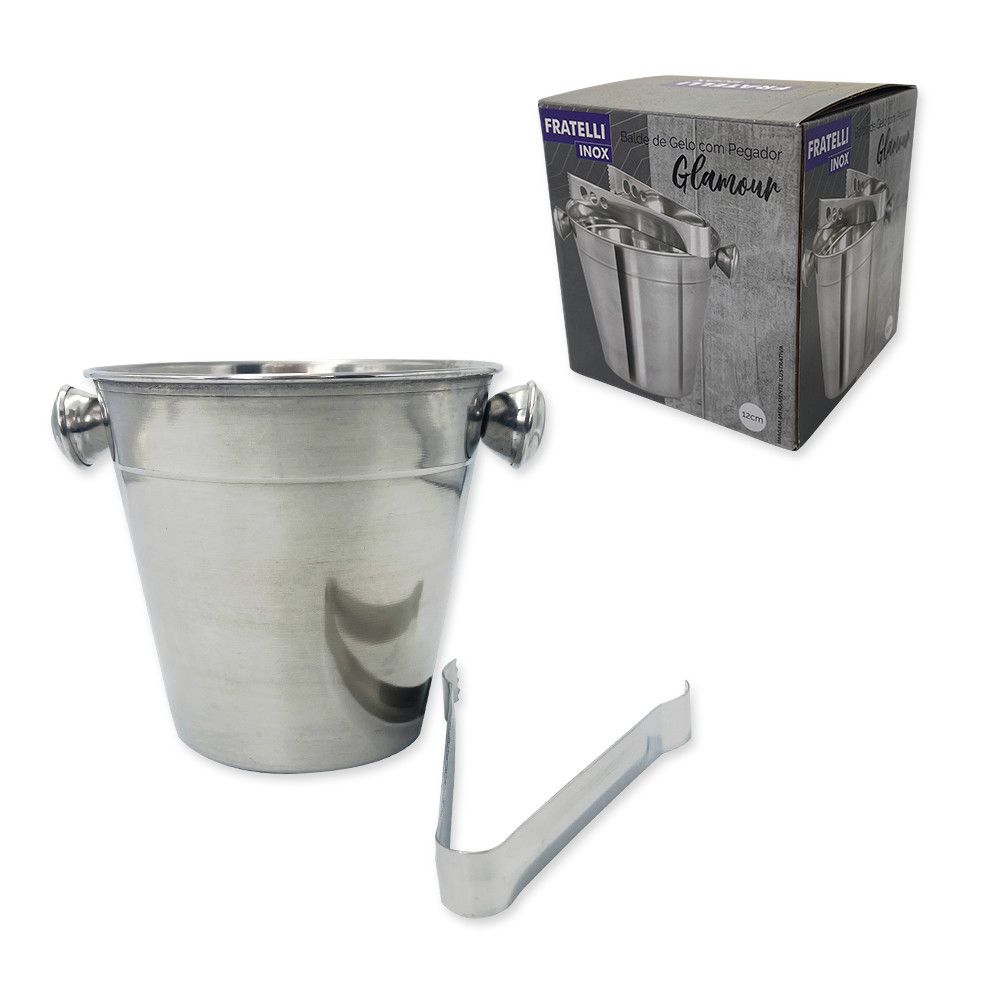 Balde Para Gelo Pequeno Aço Inox Com Pinça Pegador — foto 1