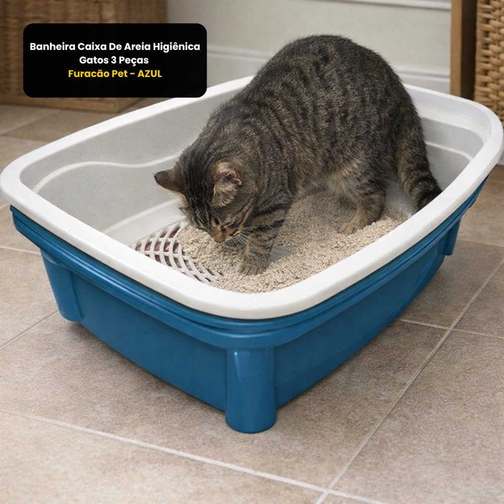 Caixa de Areia para Gatos Furacão Pet Azul 3 Peças com Peneira — foto 1