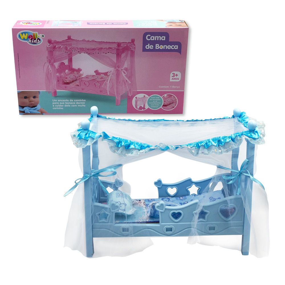Berço de Boneca Azul 35,5 cm com Colchão e Mosquiteiro para Brincadeiras de Cuidado — foto 1