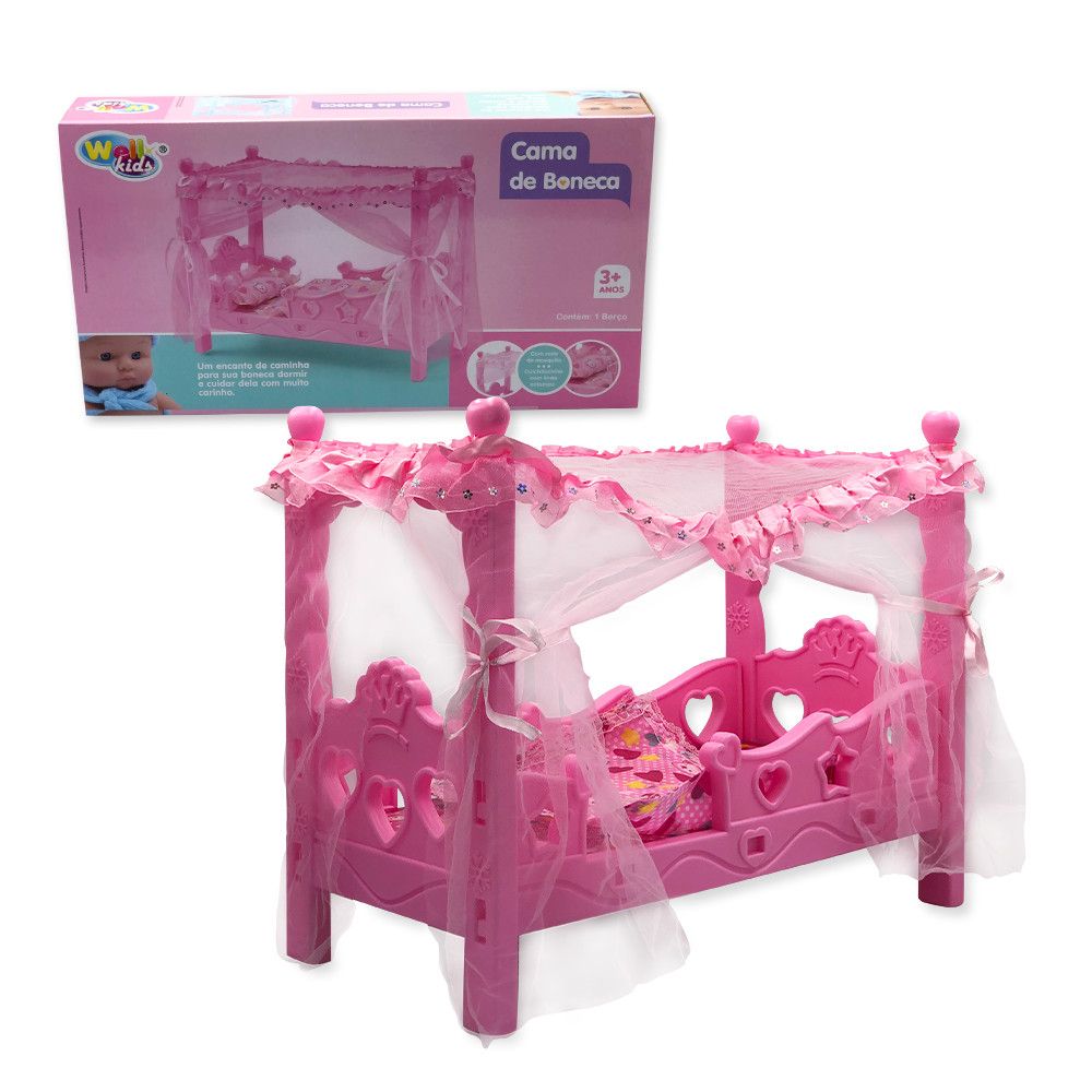 Berço de Boneca Wellmix Rosa com Colchão e Mosquiteiro — foto 1