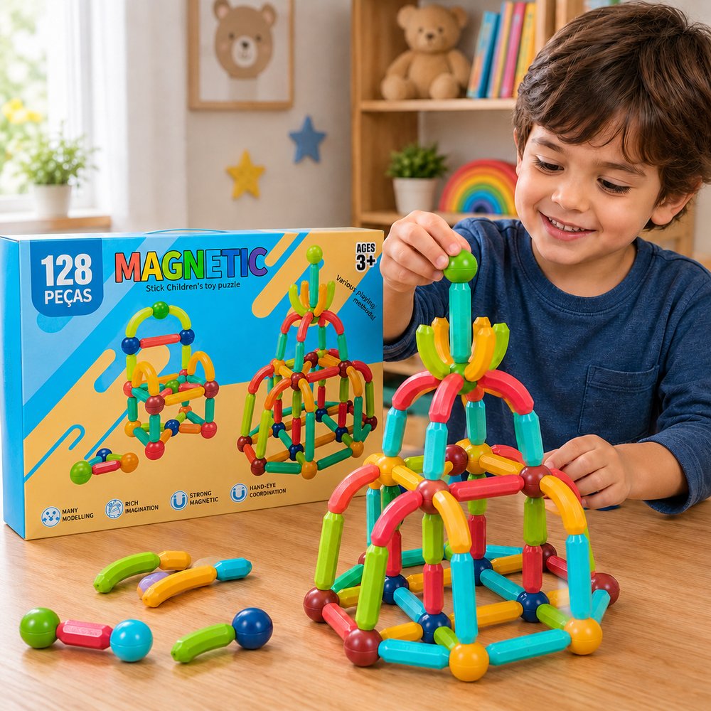 Bloco de Montar Magnético Infantil 128 Peças Coloridas