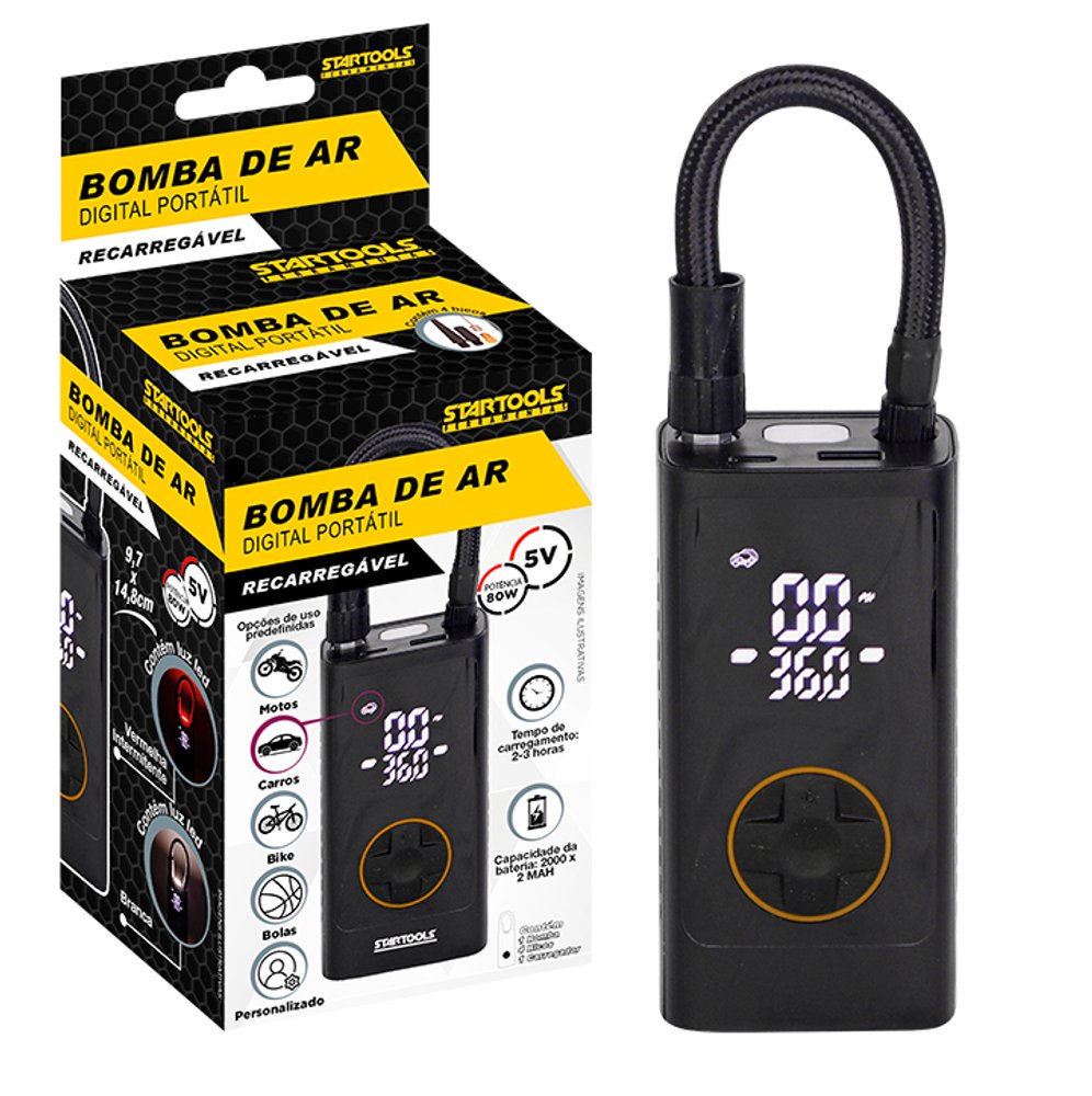 Bomba de Ar Digital Portátil - Preta
