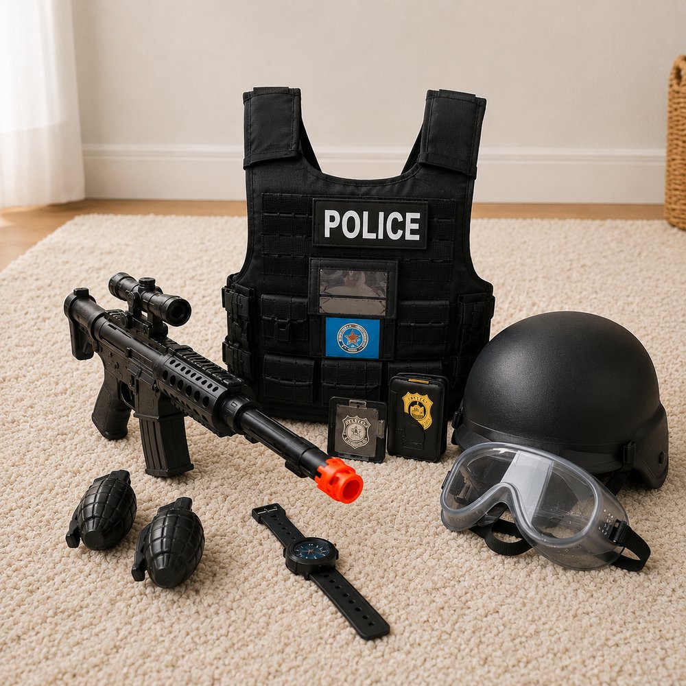 Kit Policial Infantil Preto com Colete, Capacete, Rifle de Brinquedo e Acessórios para Faz de Conta — foto 1