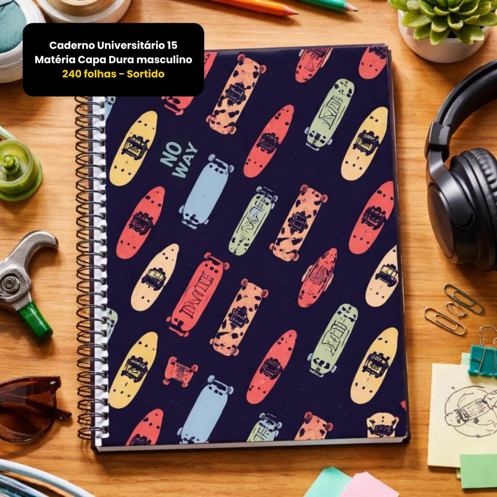 Caderno Universitário 15 Matérias Capa Dura masculino 240 folhas - Sortido