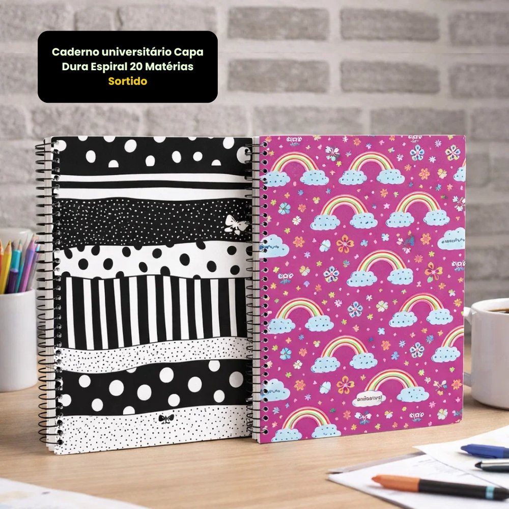 Caderno universitário Capa Dura Espiral 20 Matérias - Sortido
