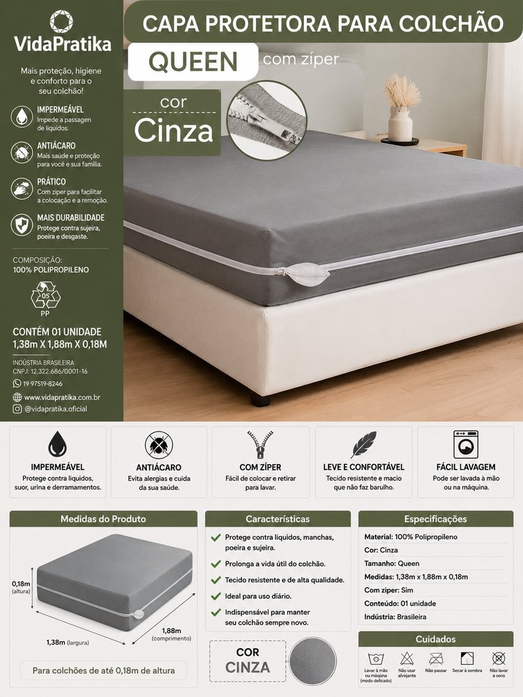 Capa Protetora para Colchão Queen com Ziper - Cinza — foto 1