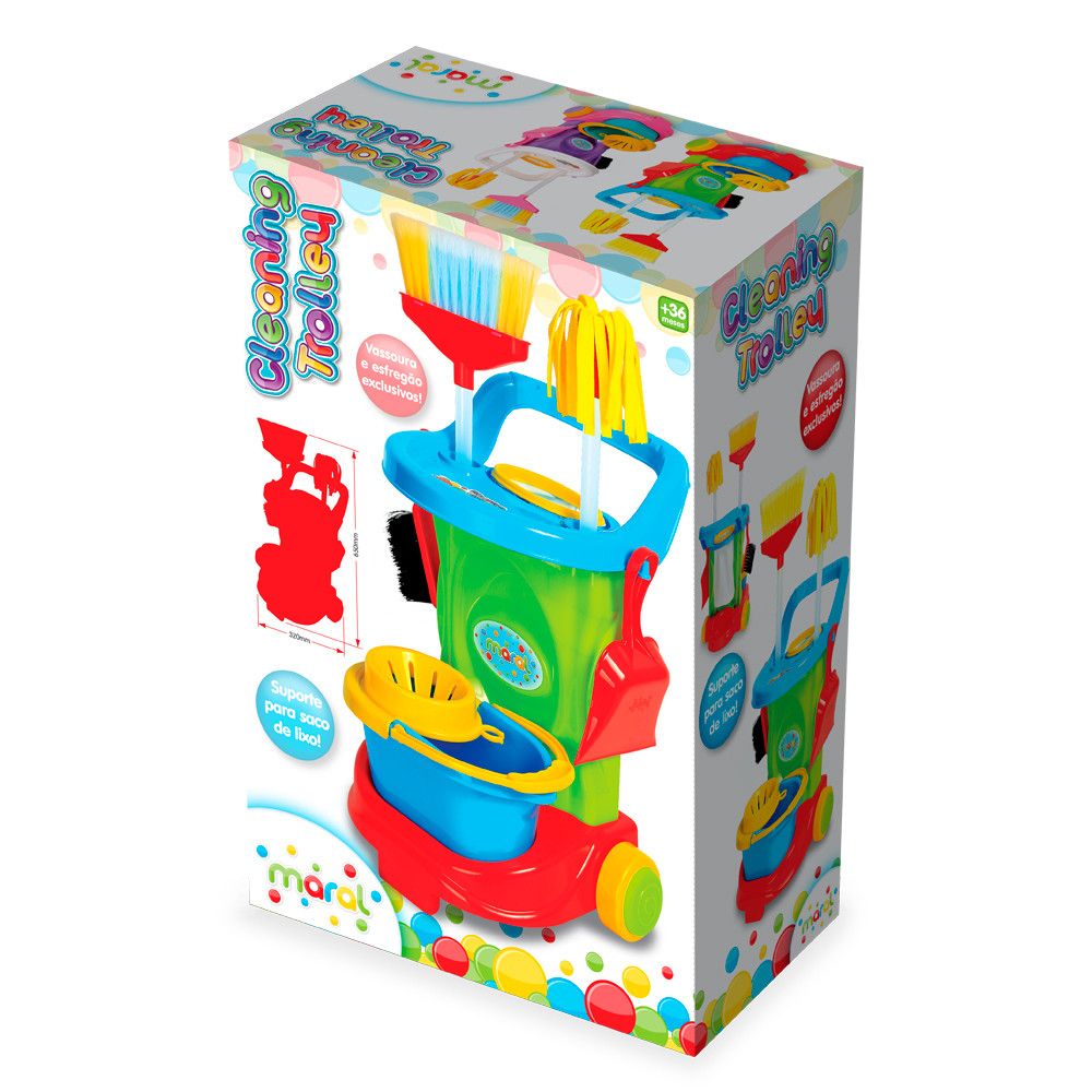 Carrinho de Limpeza Infantil Completo Colorido com Vassoura, Esfregão, Balde e Acessórios