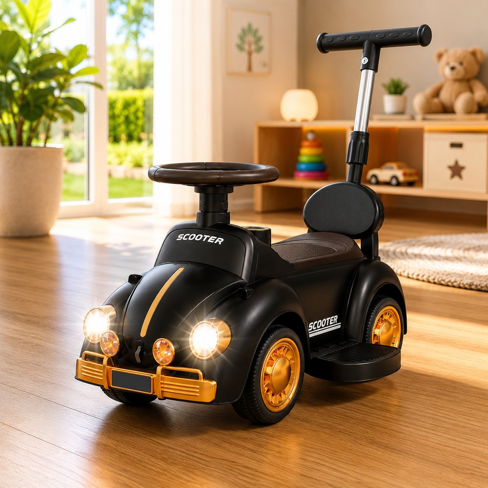 Carrinho fusca infantil com luzes e empurrador - Preto