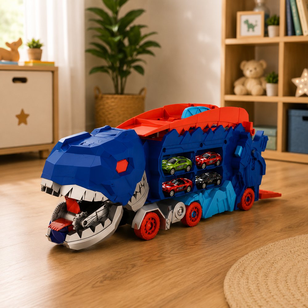 Carro Transformável Dinossauro com Pista e 4 Mini Carros de Liga Metálica — foto 1