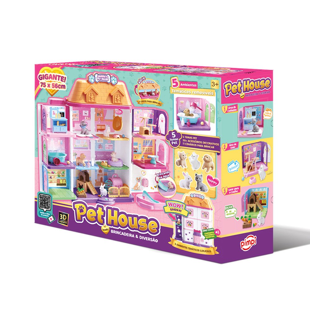 Casa Pet House Infantil Maleta Portátil 75 cm com 5 Ambientes, Mini Pets e Acessórios