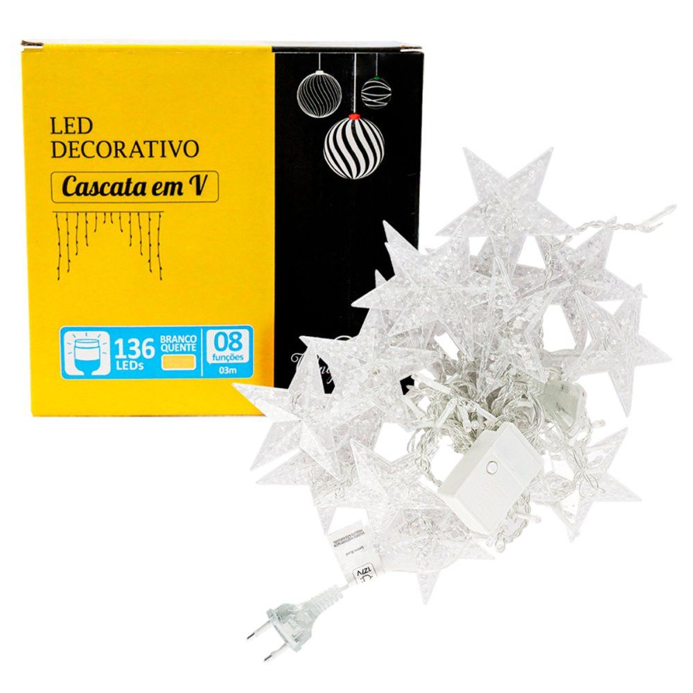 Cascata em V Estrela Natal 3 Metros 8 Funções 136 LEDs Branco Quente 110v — foto 1
