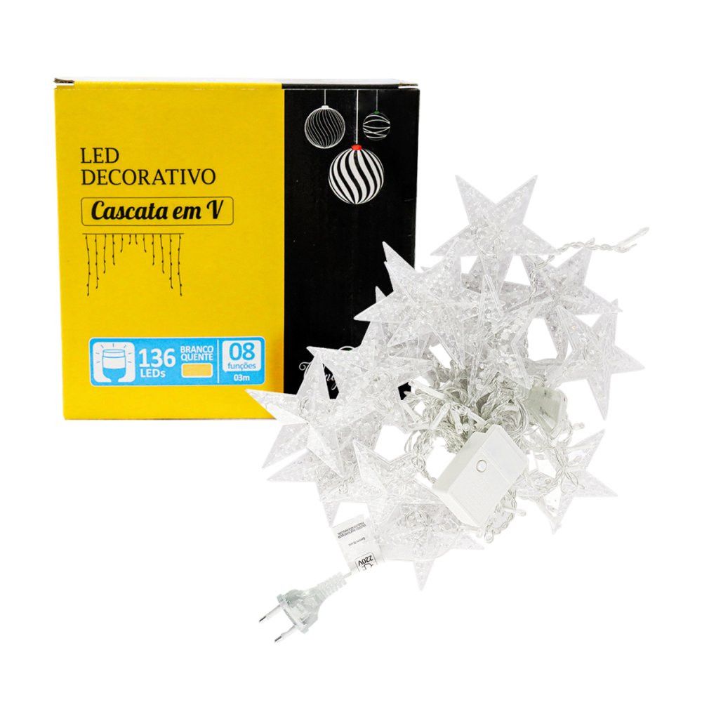 Cascata em V Estrela Natal 3 Metros 8 Funções 136 LEDs Branco Quente 220v — foto 1
