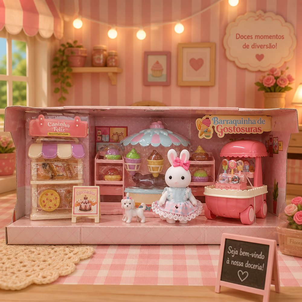 Casinha Feliz Barraquinha de Gostosuras Infantil com Sorvete, Coelhinho e Cachorrinho