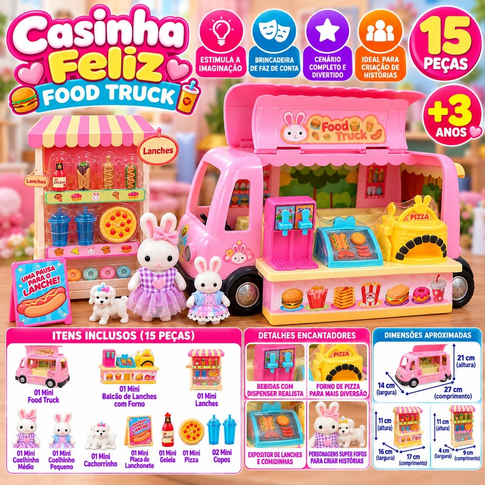 Casinha Feliz Food Truck, Personagens Coelhinhos, Cachorrinho e Acessórios Para Montar o Cenário De Lanchonete – Multico — foto 1