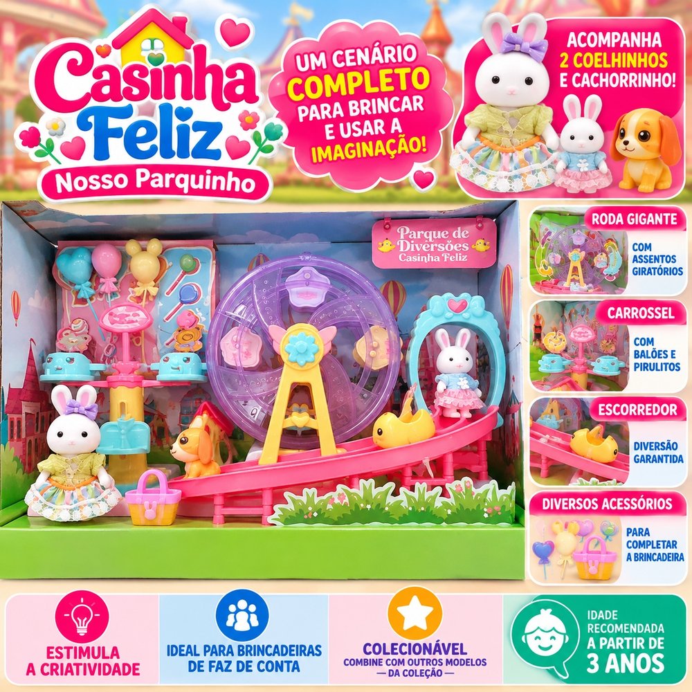 Casinha Feliz Nosso Parquinho Infantil com Roda-Gigante, Carrossel e Animais
