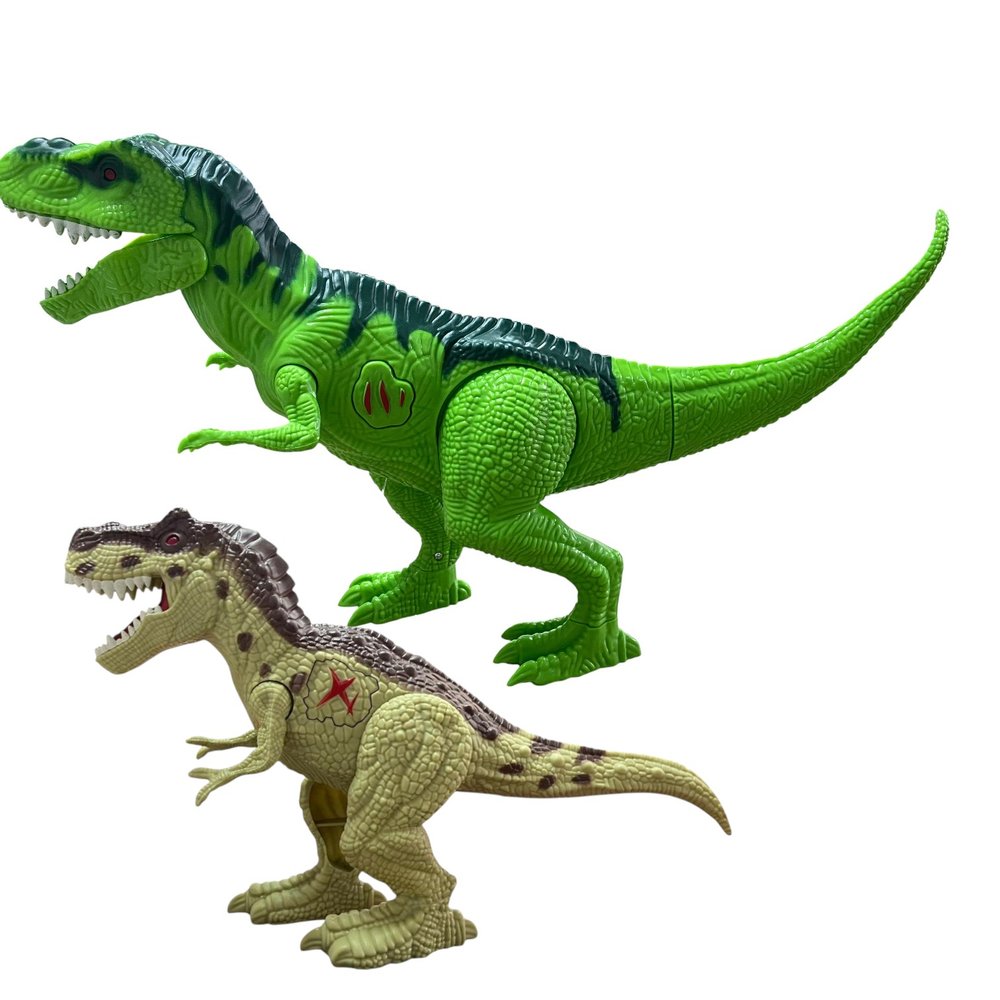 Kit 2 Dinossauros Rugido Selvagem Verde e Marrom com Luz, Som e Fóssil para Montar