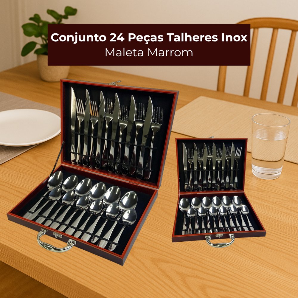 Conjunto 24 Peças Talheres Inox com Maleta Marrom — foto 1