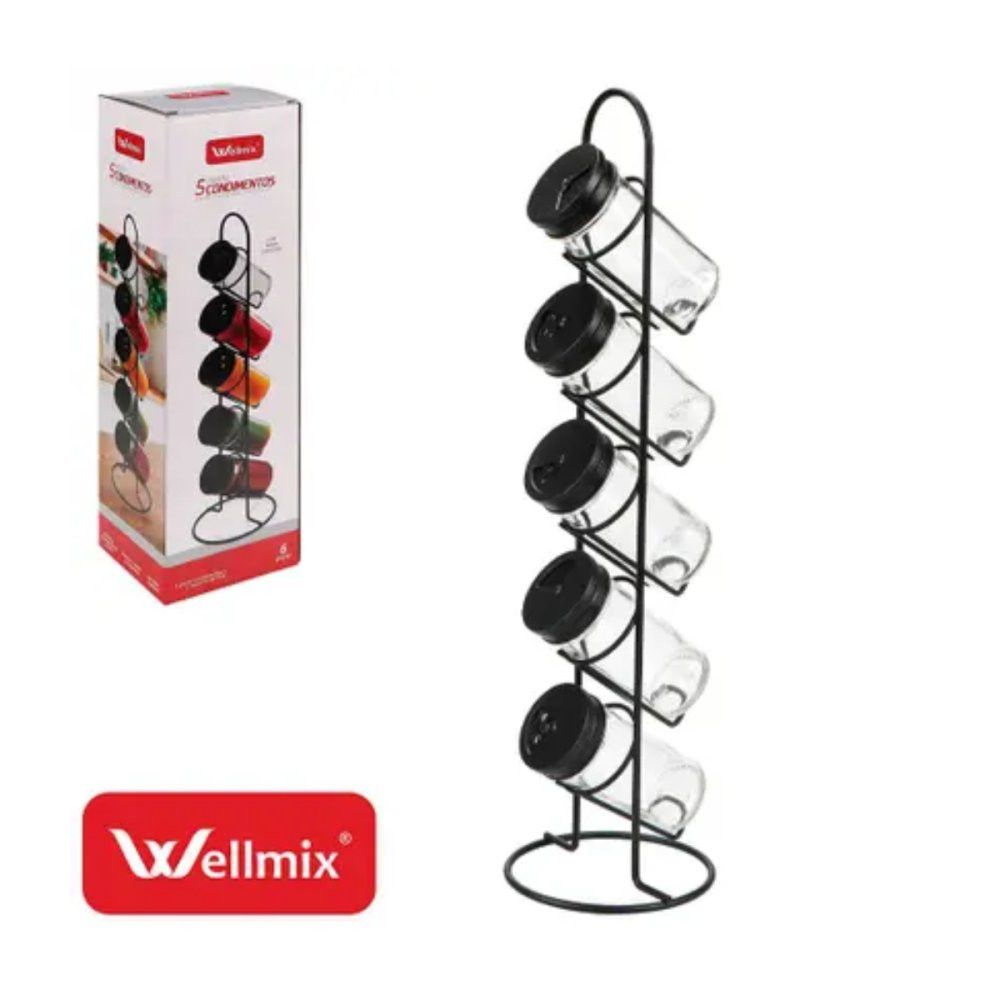 Kit 5 Porta Temperos Wellmix Vidro Suporte Vertical Preto — foto 1