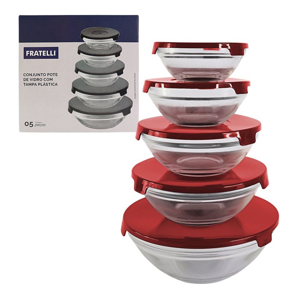 Conjunto 5 Potes de Vidro Hermeticos Com Tampa - Vermelho — foto 1