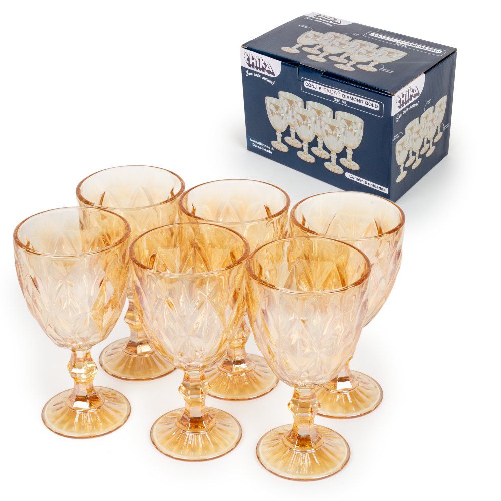 Conjunto 6 Taças de Vidro Diamond Gold 325ml