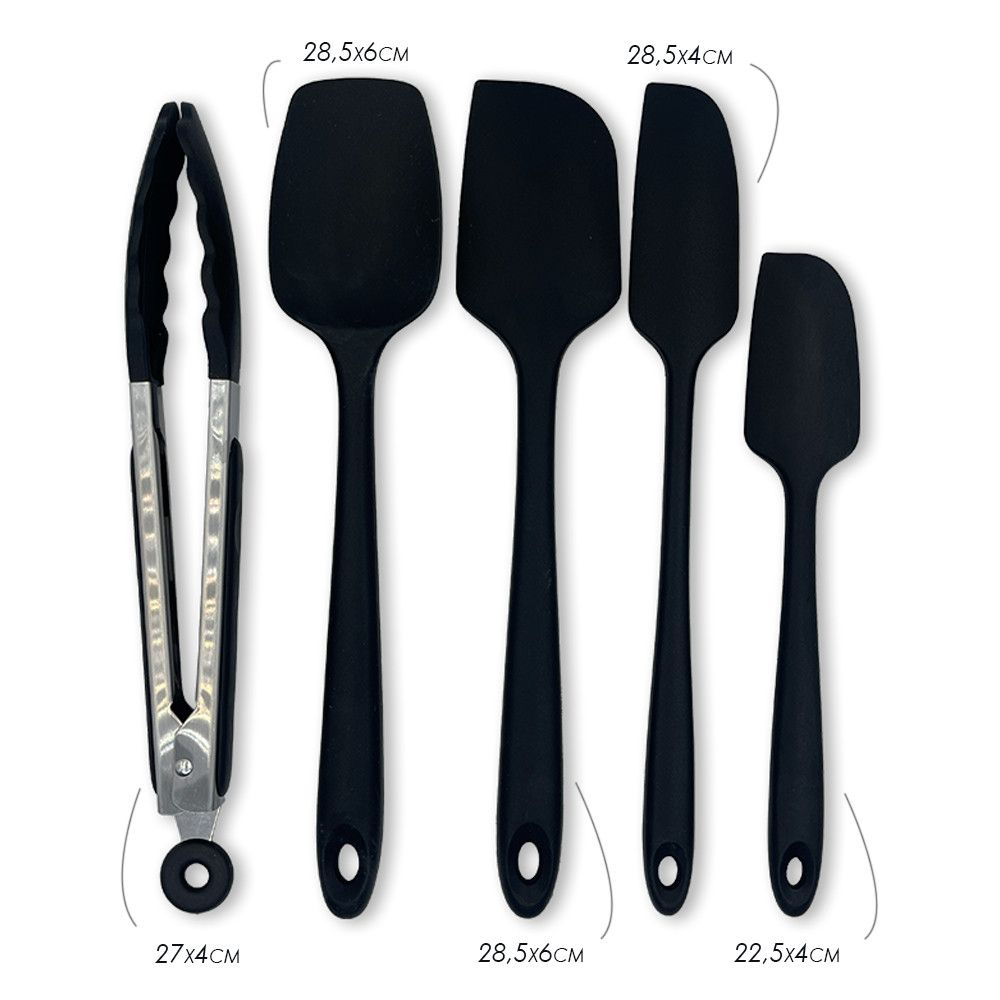Kit 5 Utensílios Silicone Uny Gift Preto Espátulas Pegador — foto 1