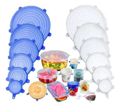 Kit 12 Tampas de Silicone Flexíveis para Potes, Azul e Transparente
