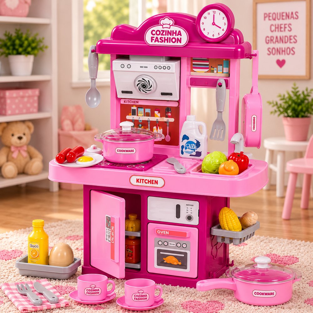 Cozinha Infantil 28 Peças com Pia, Luz e Som - Rosa — foto 1