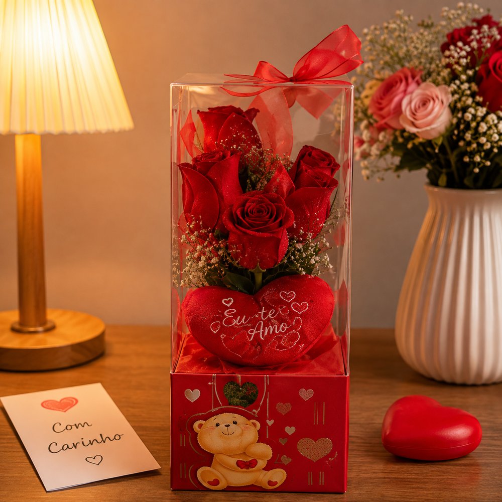 Enfeite com Rosas Led e Coração - Vermelha