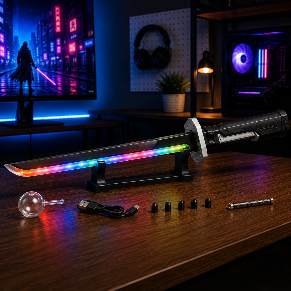 Espada Sabre de Luz Retrátil Preta 80 cm com Efeitos de Luz, Som e Bateria Recarregável