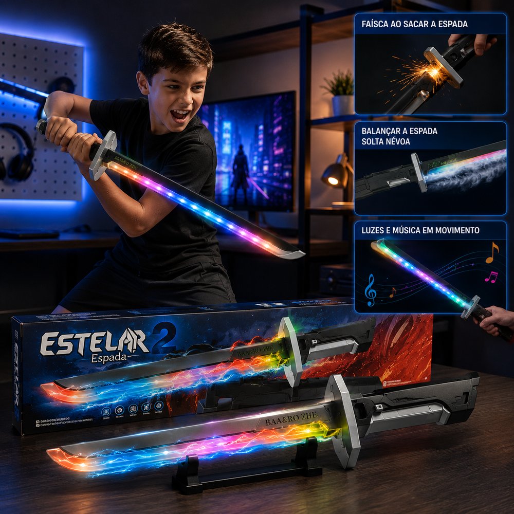 Espada Sabre de Luz Retrátil com Luz Som e Movimento - Preta