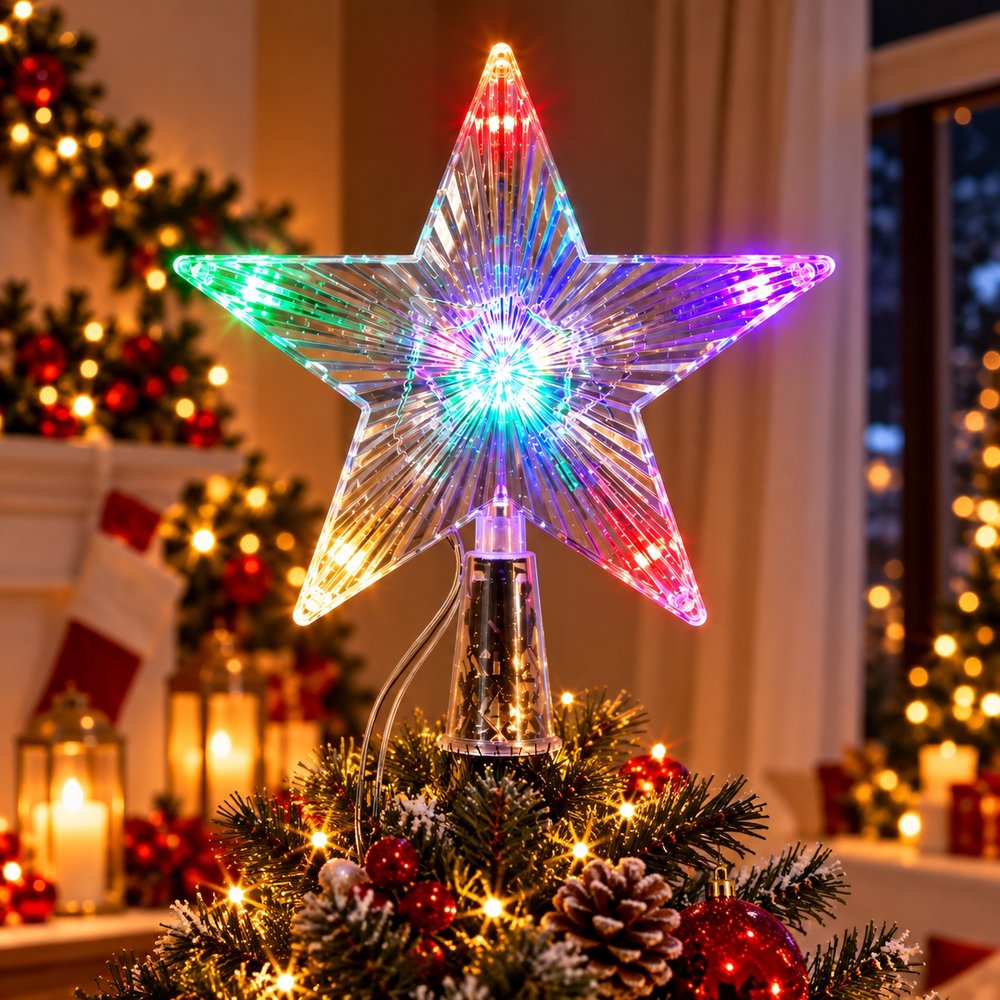 Estrela Ponteira para Árvore de Natal Colorida LED Decoração Festa Enfeite