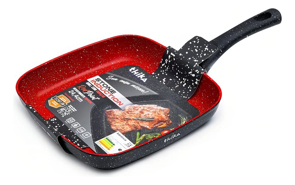 Frigideira Grill Quadrada 24cm Antiaderente Indução Stone Red Point Cabo Resistente — foto 1