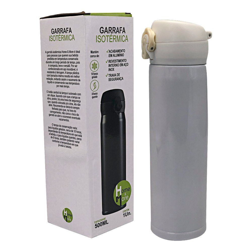 Garrafa Isotérmica 500ml com Tampa Plástica Fosca com Trava de Segurança - Branco — foto 1