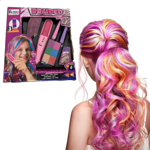 Giz de Cabelo Infantil Lavável 6 Cores com Pente e Prendedores