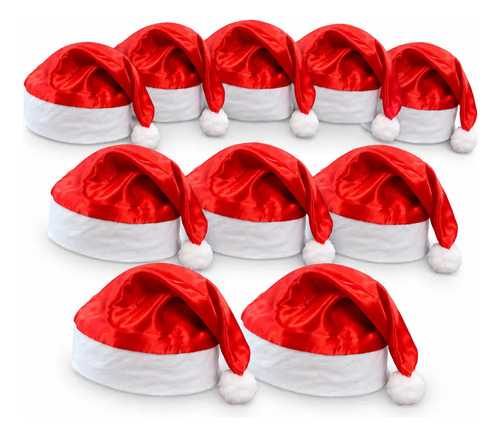 Kit 10 Gorros de Papai Noel em Cetim Vermelho com Pompom