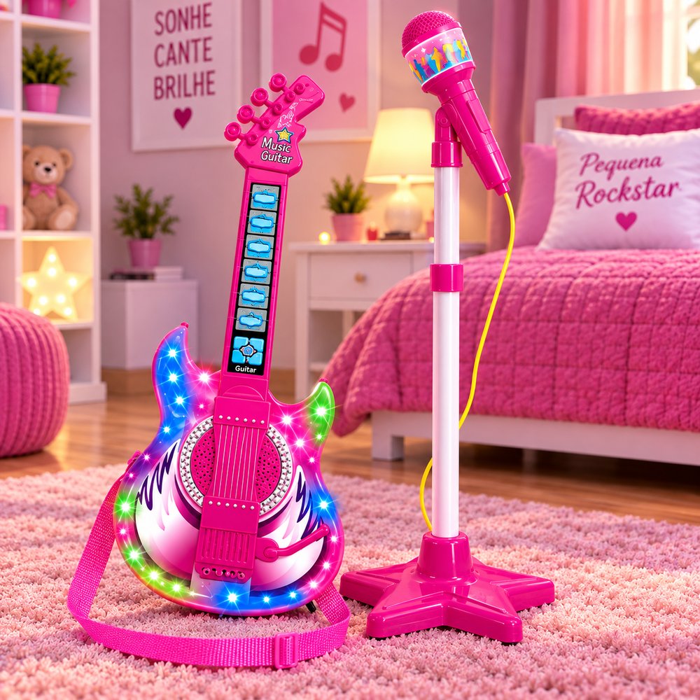 Guitarra Infantil 50cm com Microfone e Pedestal Karaokê MP3 - Rosa