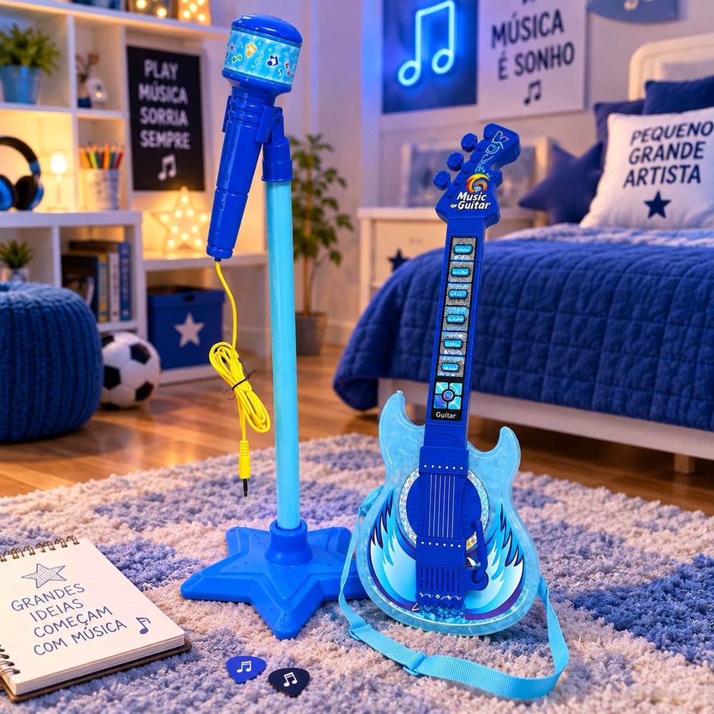 Guitarra Infantil com Microfone e Pedestal Karaokê MP3 - Azul — foto 1