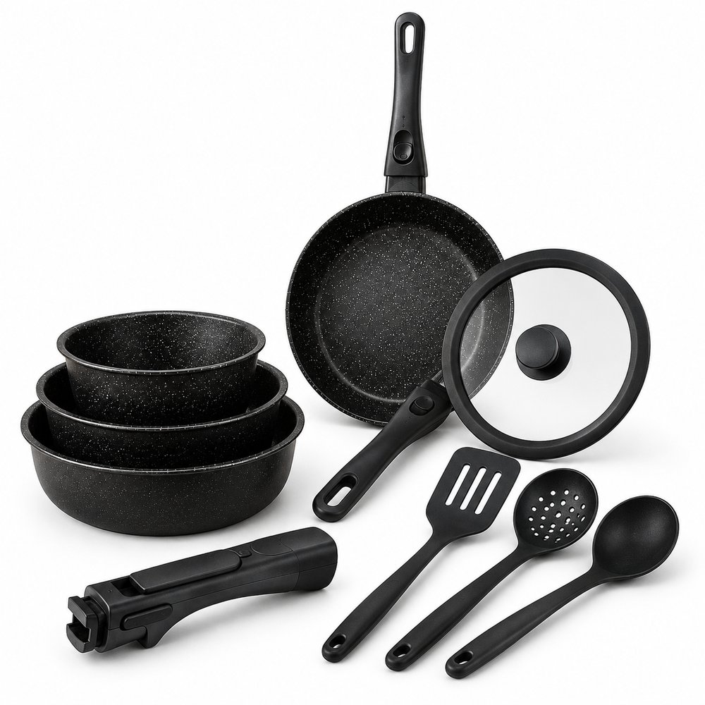 Jogo com 15 peças com Panelas tampas e Utensílios - Preto — foto 1