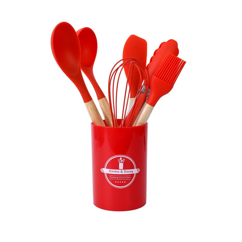 Jogo de Utensílios de Cozinha Silicone Vermelho 7 Peças com Cabos de Madeira e Suporte