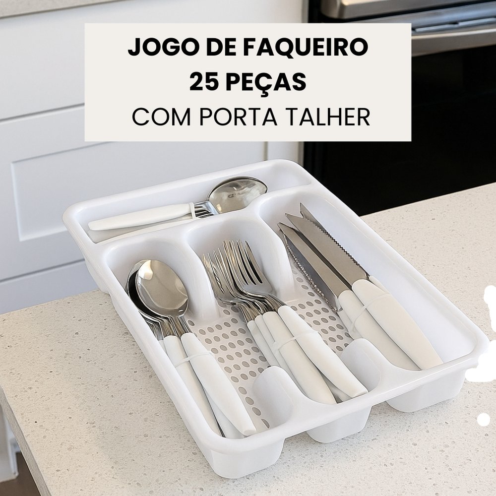 Jogo de Faqueiro Branco 25 Peças com Talheres em Aço Inox e Porta-Talheres Organizador — foto 1