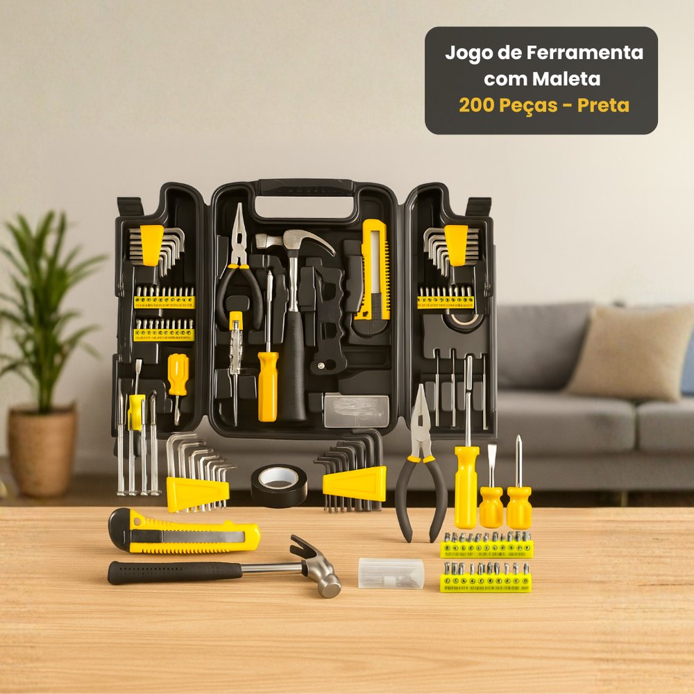 Jogo de Ferramentas StarTools 200 Peças com Maleta Preta, Chaves, Alicate e Martelo