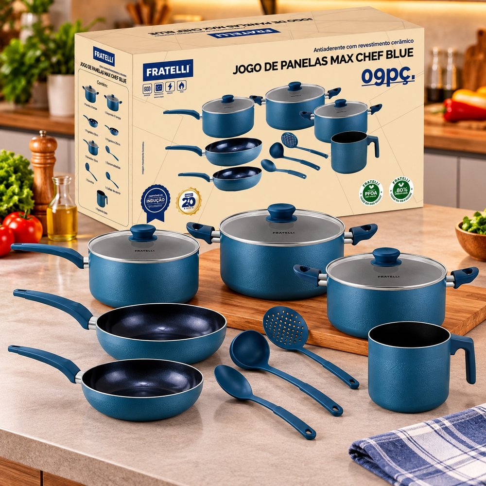 Jogo de Panelas Preparo Cozinha Antiaderente 9 Peças - Azul