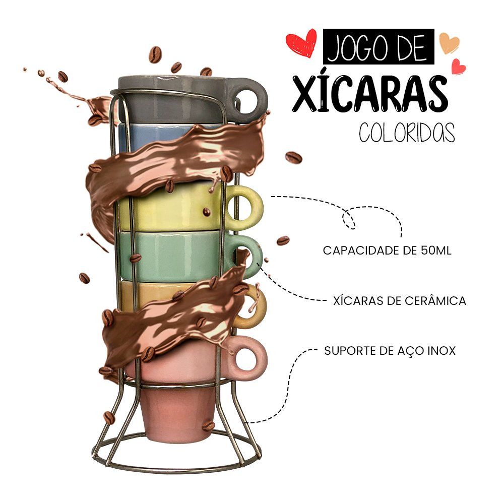 Jogo 6 Xícaras de Café Coloridas Fratelli 50ml com Suporte — foto 1