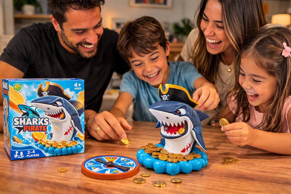Jogo Tubarão Pirata Infantil De Mesa Com Moedas Para 2 A 4 Jogadores — foto 1