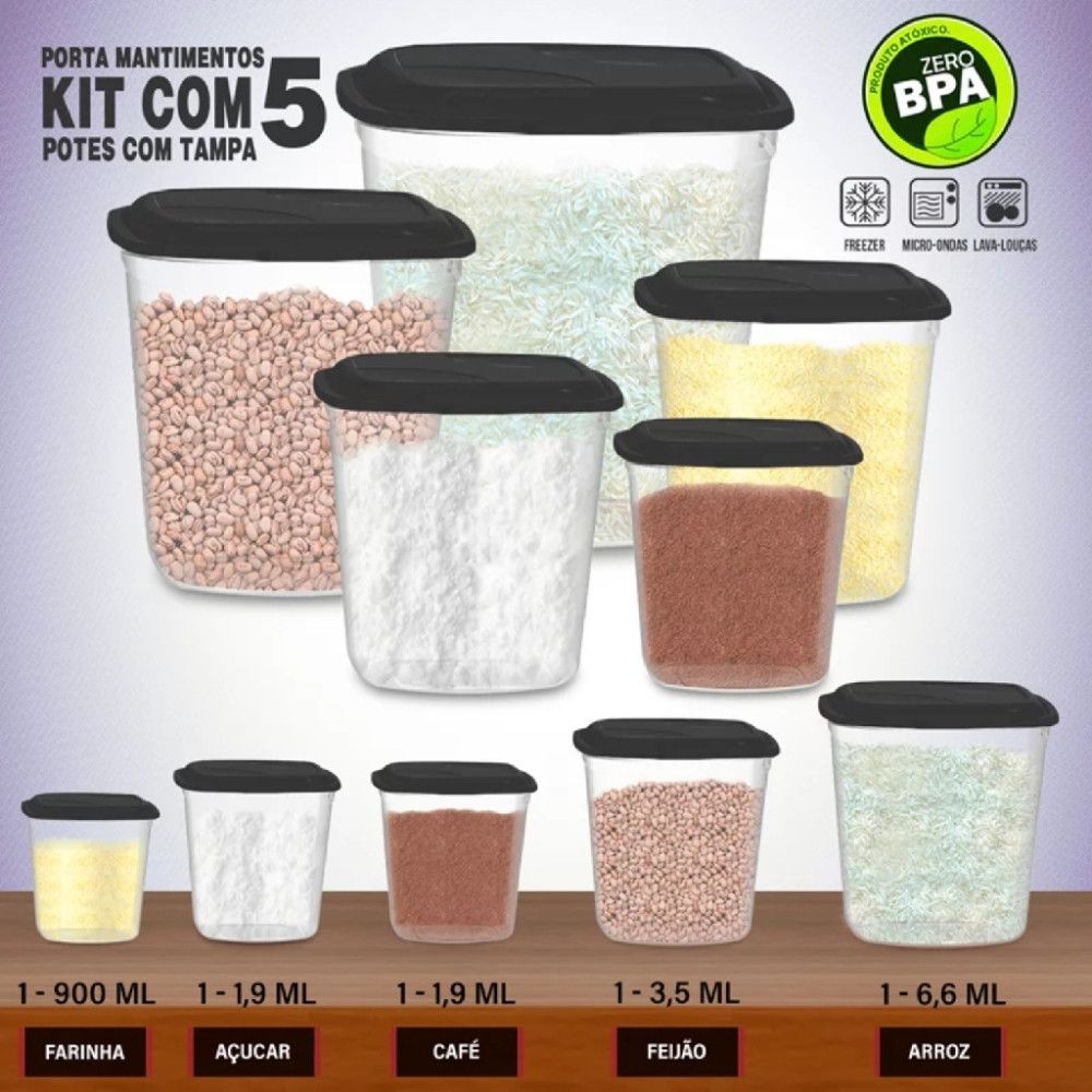 Kit 5 Potes Porta Mantimentos Uninjet Pretos com Tampas — foto 1