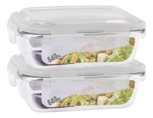 Kit 2 Potes de Vidro Retangular 640 ml com Tampa Hermética
