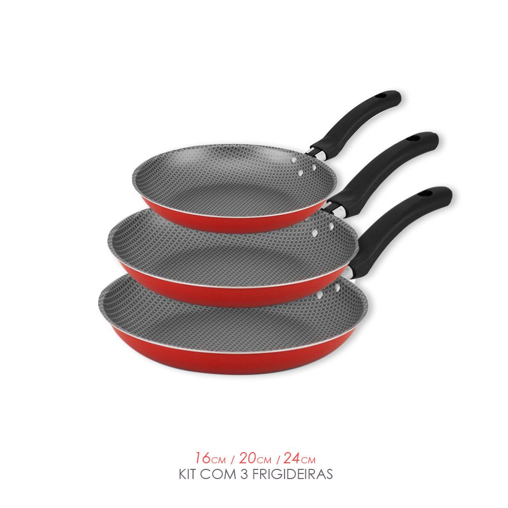 Kit 3 Frigideiras Antiaderente Vermelho Cereja — foto 1
