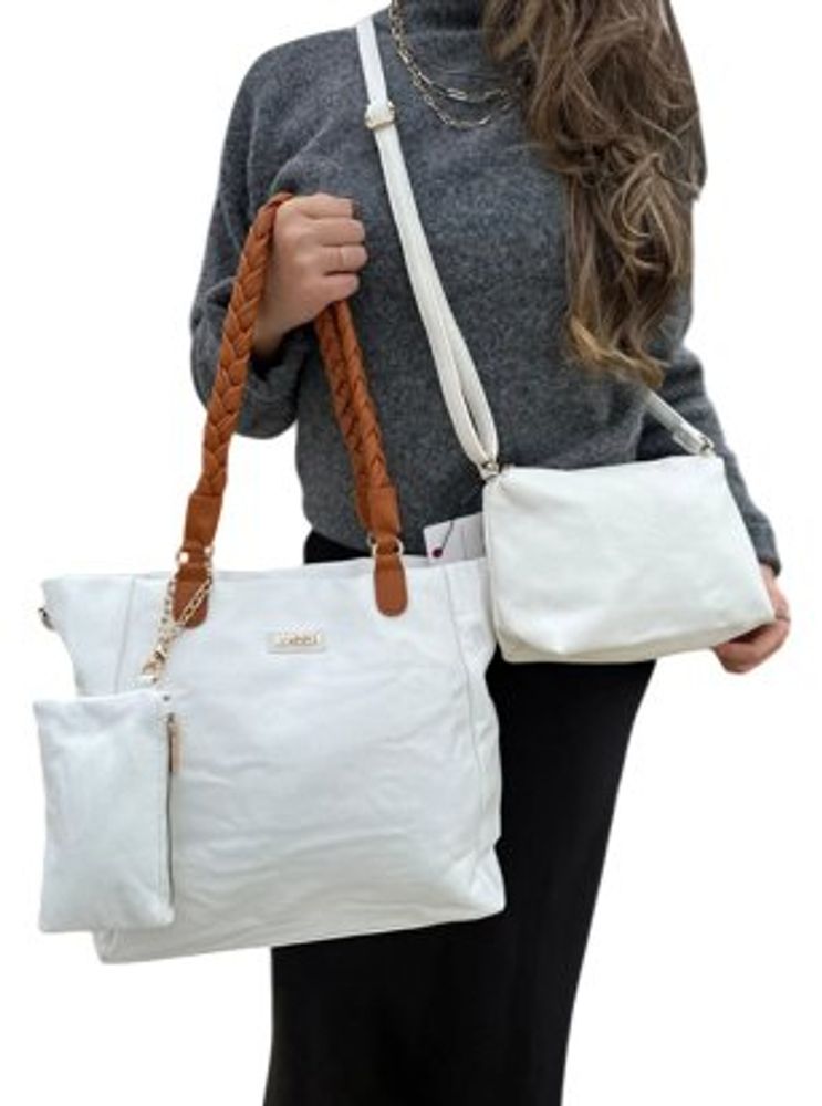 Kit 3 Bolsas Femininas Lyssa Brancas com Alça Caramelo e Necessaire — foto 1