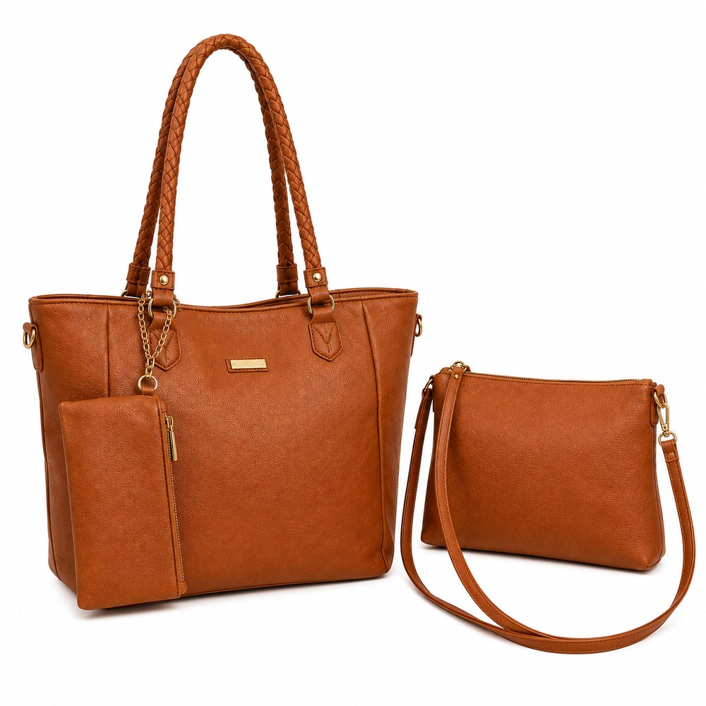 Kit 3 Bolsas Femininas Lyssa Caramelo com Alça Trançada e Necessaire — foto 1