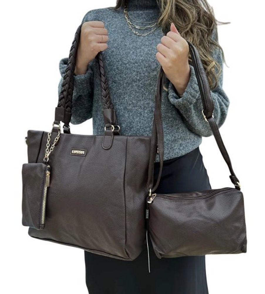 Kit 3 Bolsas Femininas Lyssa Marrom com Alça Trançada e Necessaire — foto 1